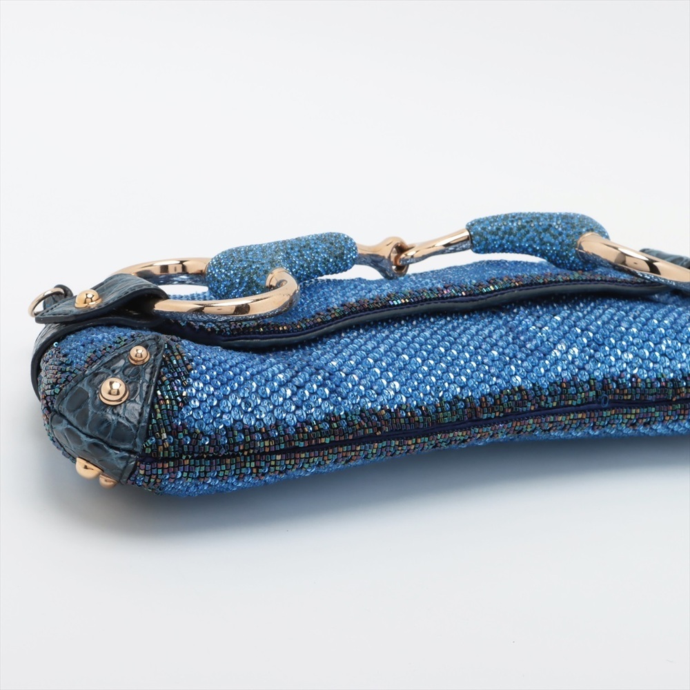 Gucci Horsebit Beaded Chain Shoulder Bag Blue Crocodile - Picture 4 of 8